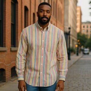 NEW Camicissima Men's 17 Shirt Striped Cotton Italian White Blue Yellow Pink NWT